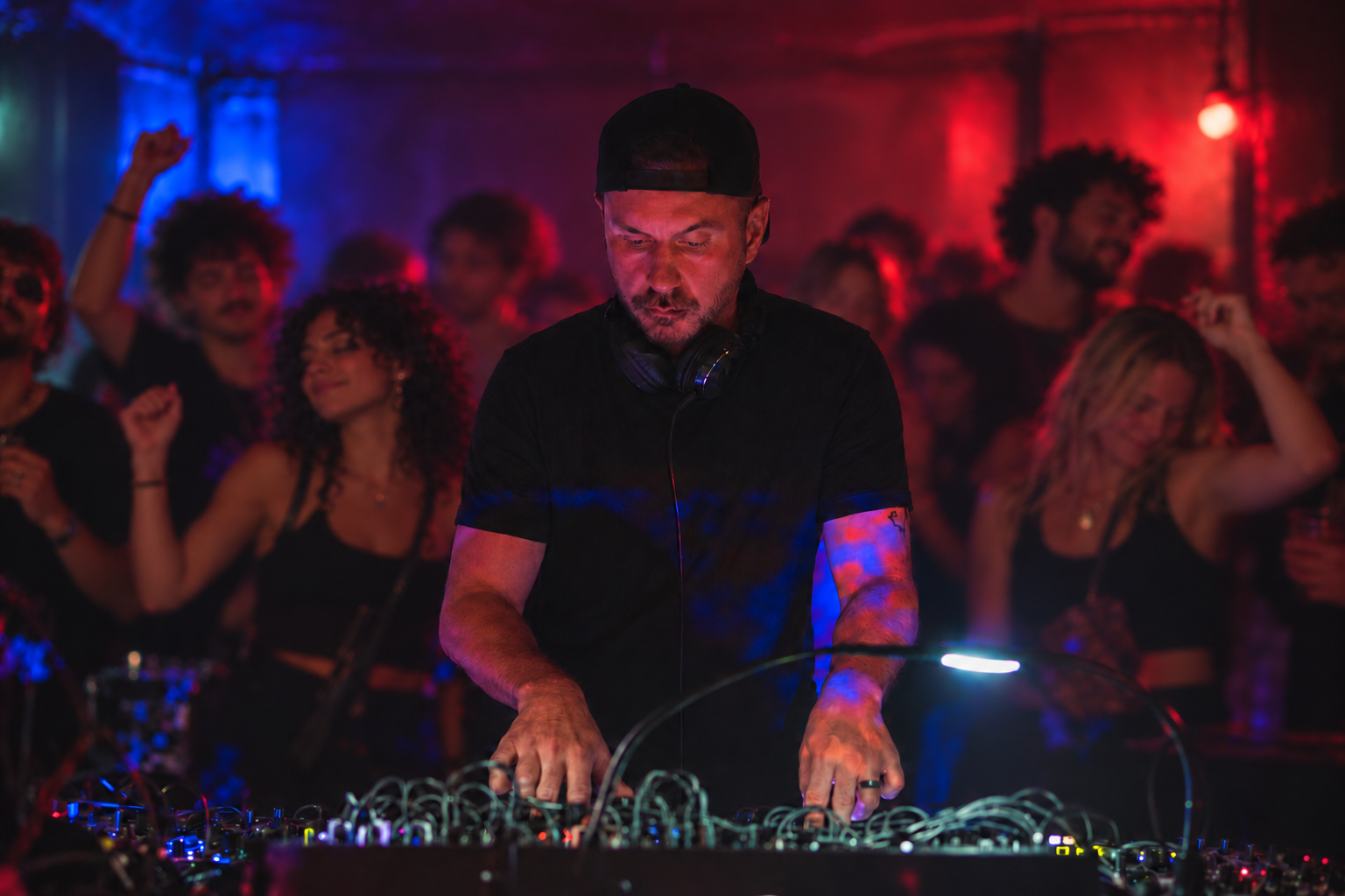 William White at his synthesizers with a dancing audience — front view under red and blue lighting